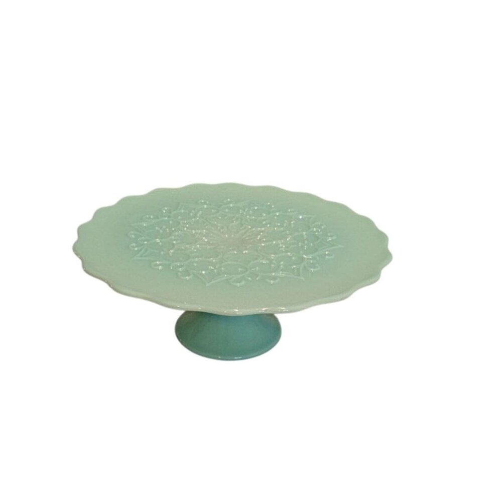 Vintage Fenton Spanish Lace Turquoise Milk Glass Cake Stand Pedestal Plate 12.5”